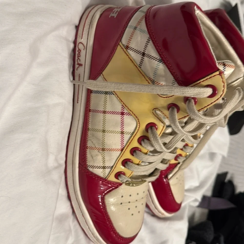 Coach Nora Tattersall 7.5 Pink Raspberry and Yellow Plaid Vegan Leather High Top